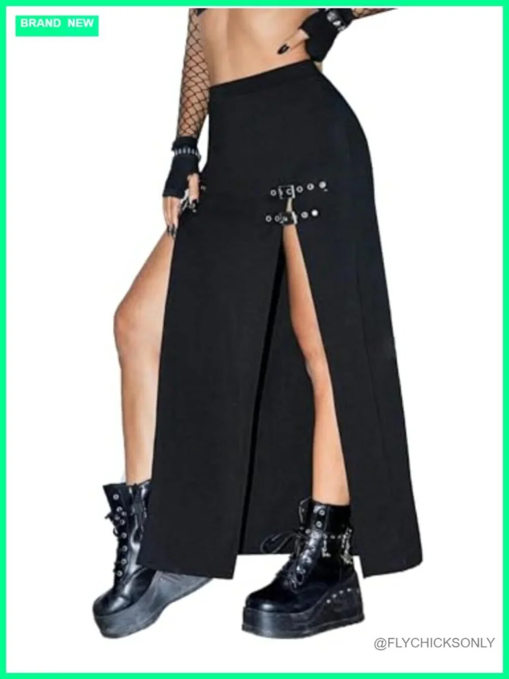 Gothic Punk Rave Maxi Skirt with Double Buckle Split High Waist Club Party